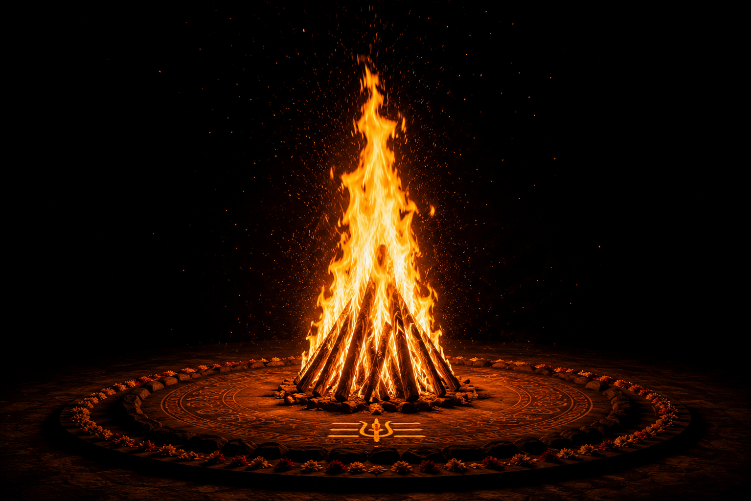 Sacred bonfire burning within a mandala of stones and flowers