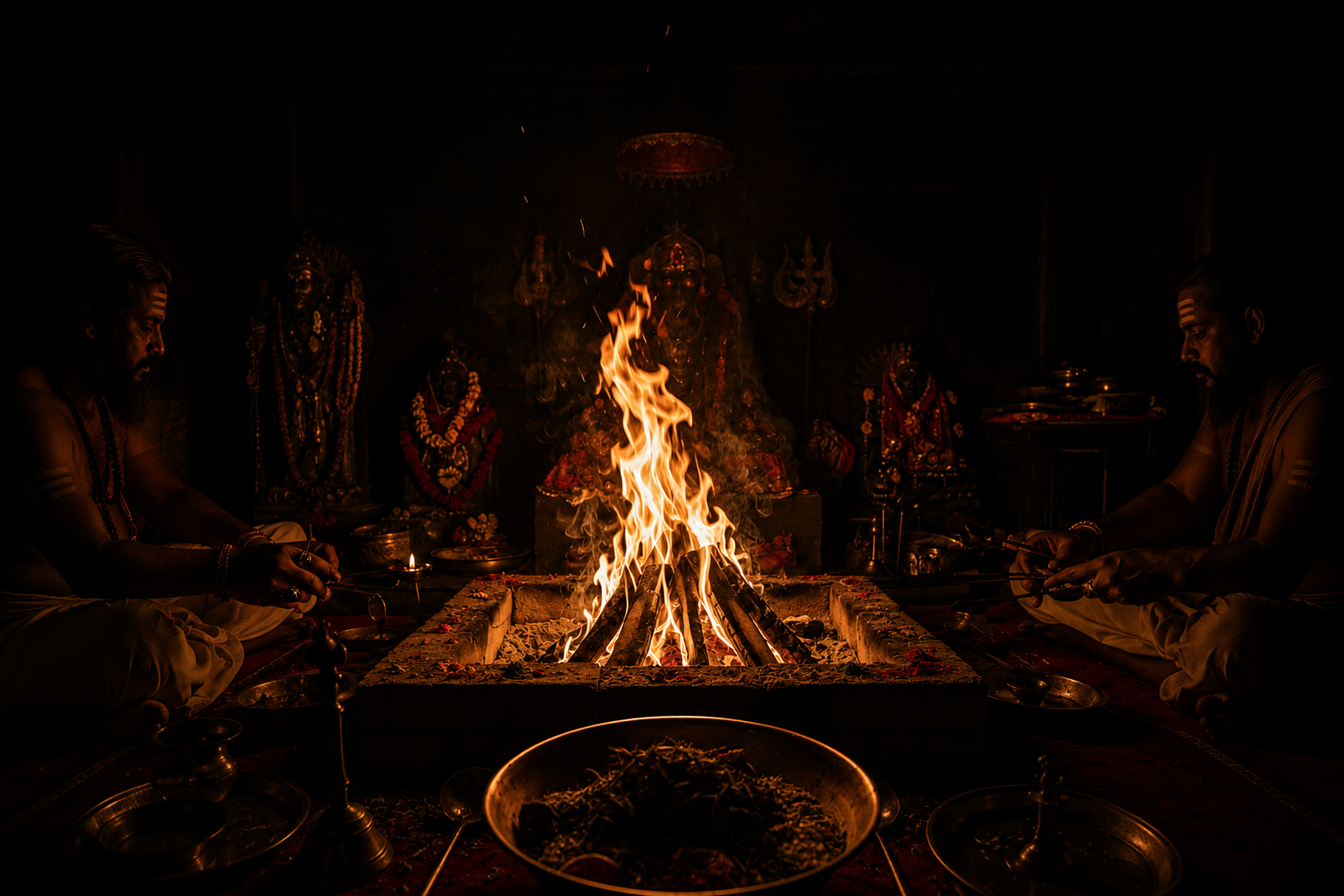 Sadhus performing a sacred fire ritual in the dark
