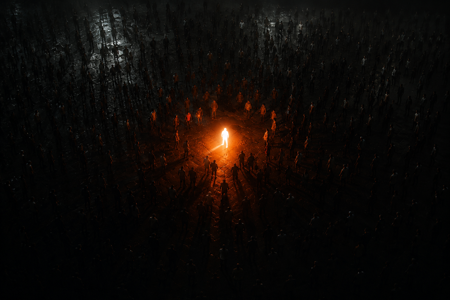 One glowing figure in a vast dark crowd